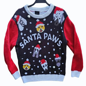 H & M  Christmas Sweater Unisex Graphic Santa Paws Dogs Puppies Pom Poms EUR M